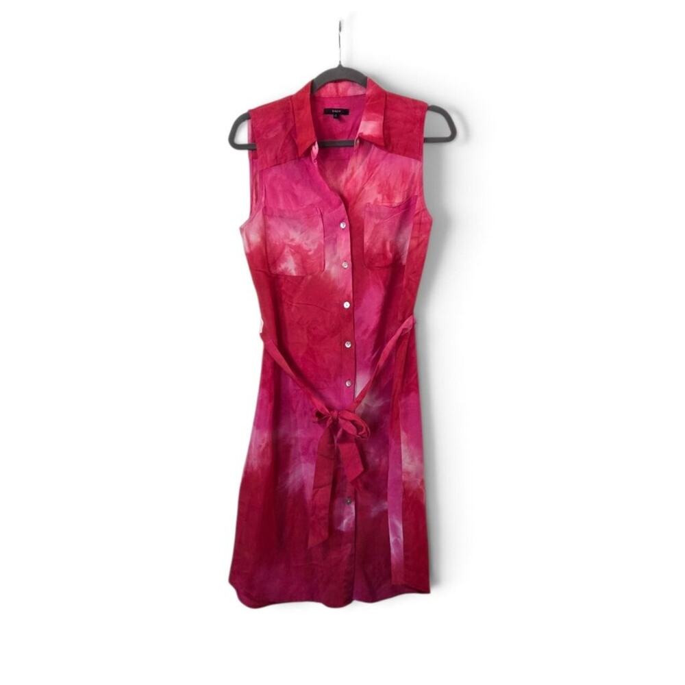 DREW Pink Tie Dye Sleeveless Shirt Dress Womens Small Belted Buttonfront Viscose